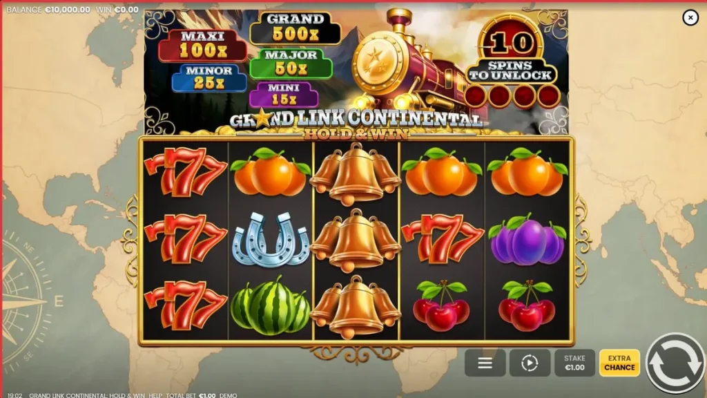 Interface do slot Grand Link Continental com tema de trem vintage