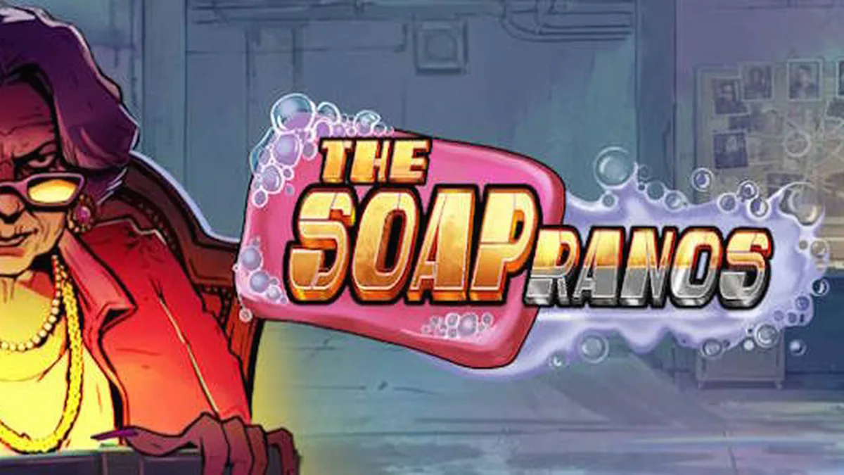Cena atmosférica e estilizada do jogo de slot Soapranos com luzes neon e elementos de suspense.