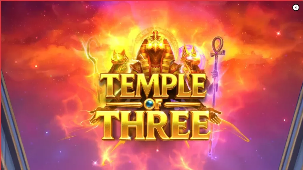 Temple of Three slot machine interface featuring Egyptian deities and golden coins