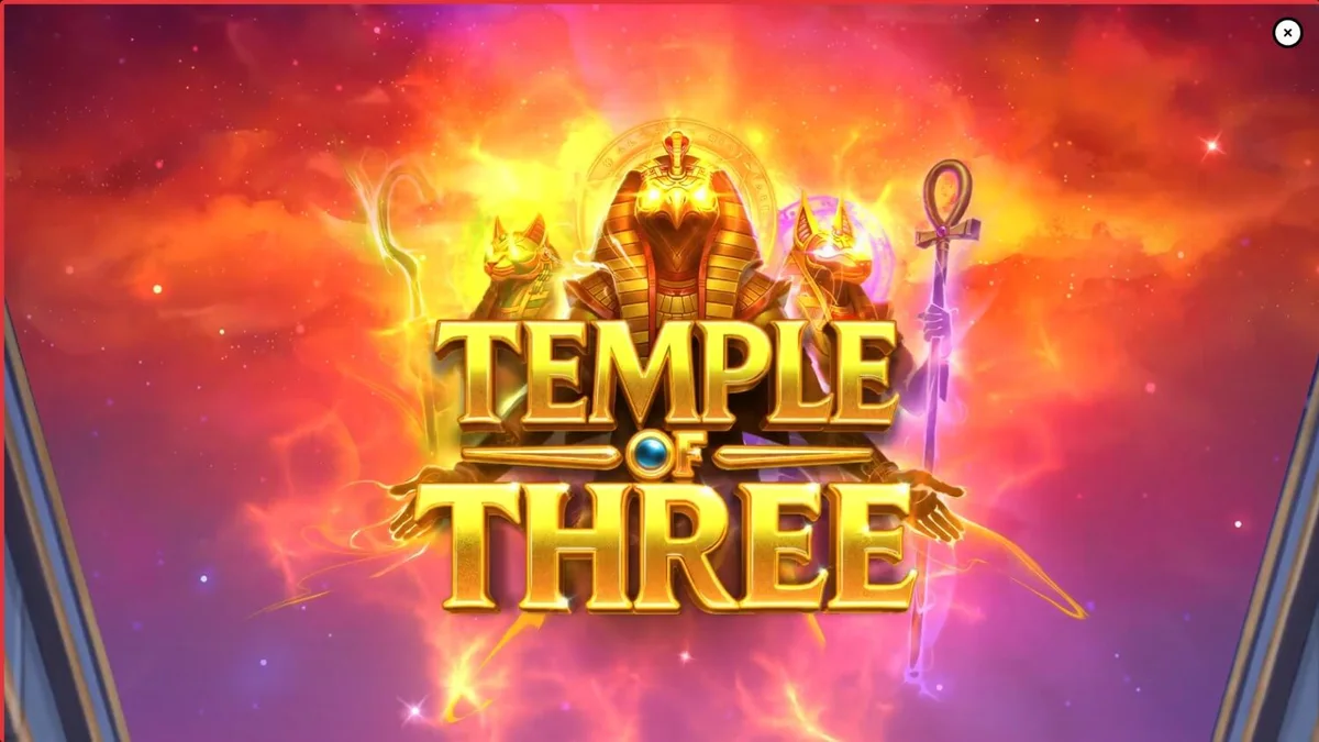 Temple of Three slot machine interface featuring Egyptian deities and golden coins
