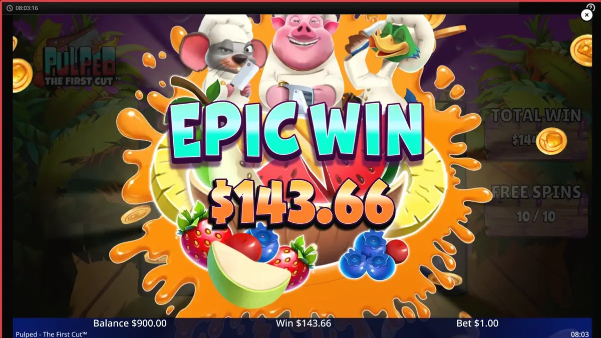 Interface colorida e tropical do jogo de slot Pulped: The First Cut